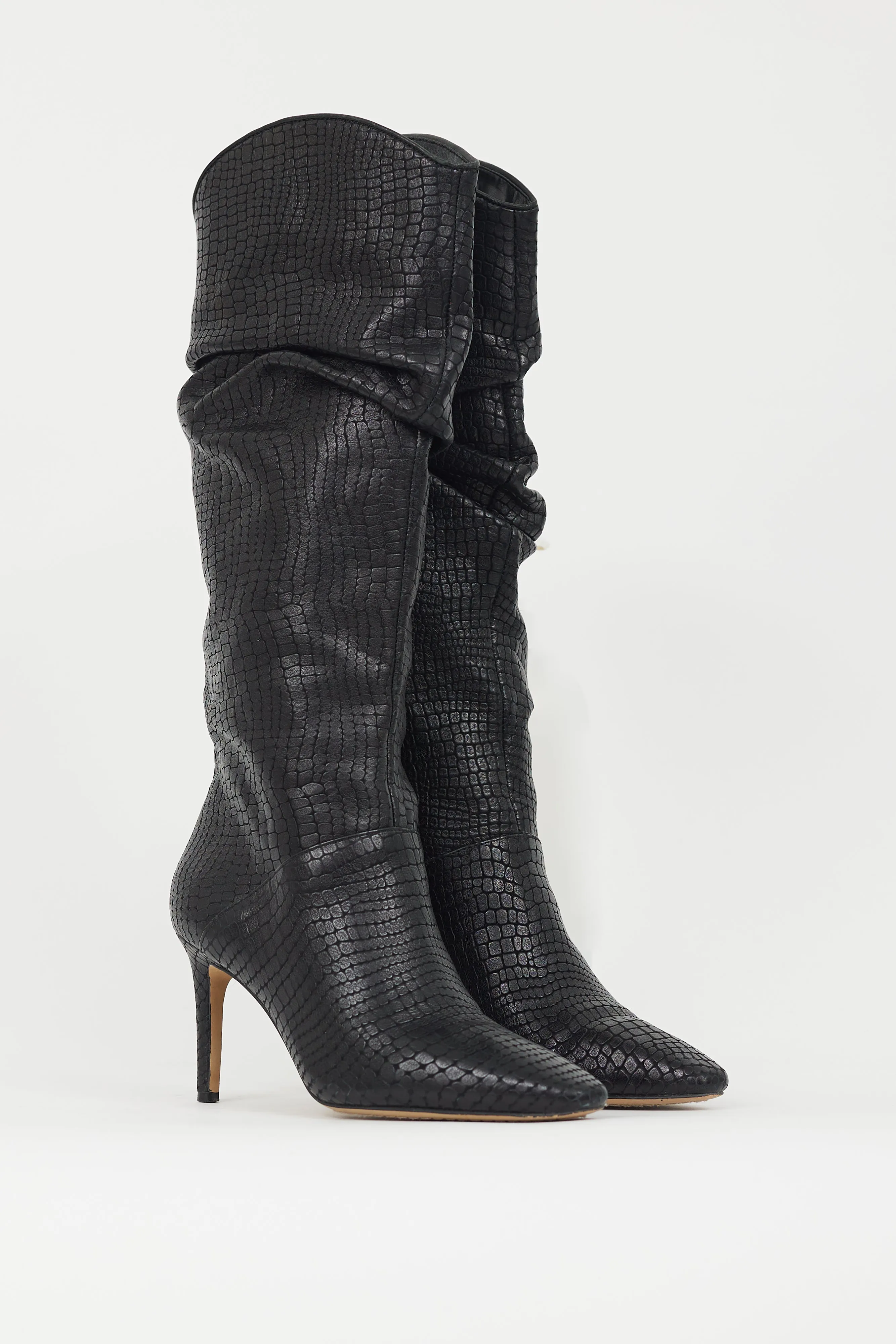 Black Embossed Leather Slouch Boot